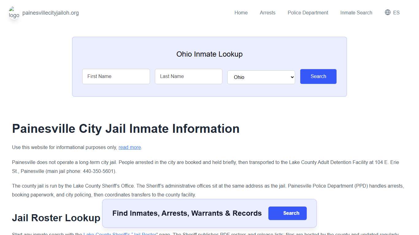 Painesville Jail, OH Inmate Roster, Municipal Jail Info