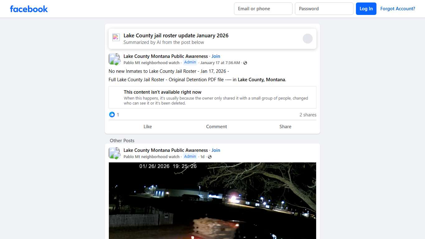 Lake County Montana Public Awareness No new Inmates to Lake County Jail Roster - Jan 17, 2026 - Facebook